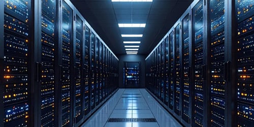 View down walkway surrounded by server racks.